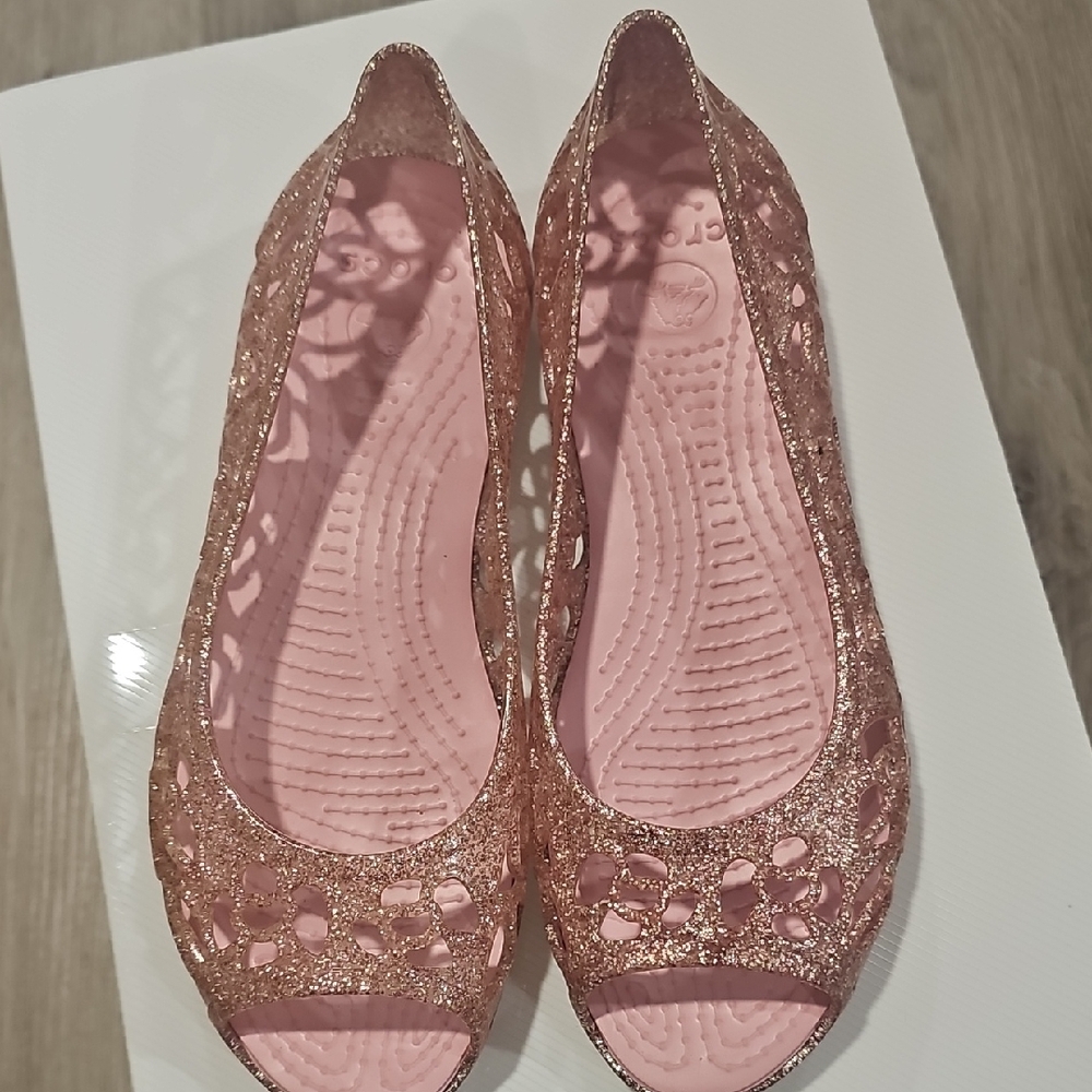 CROCS Pink Flats with Glittery Finish and Perforated Design